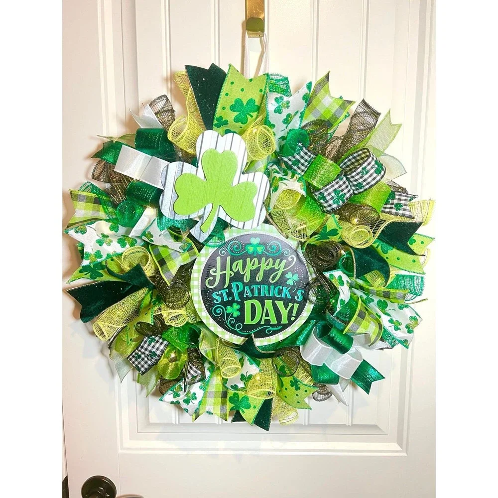 Handmade Happy St. Patrick’s Day Ribbon Prelit Wreath 22 ins LED W8